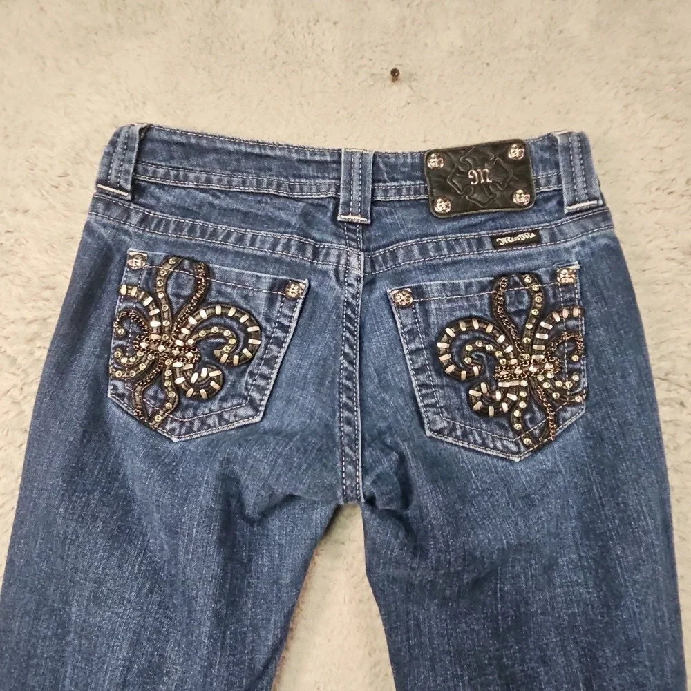Miss Me Jeans Womens 27 Blue Rhinestone Y2K Bling Western Fleur de Lis Cowgirl